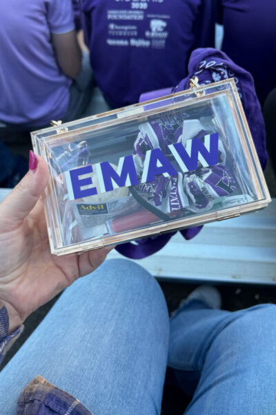 clear bag for kstate game day that reads EMAW