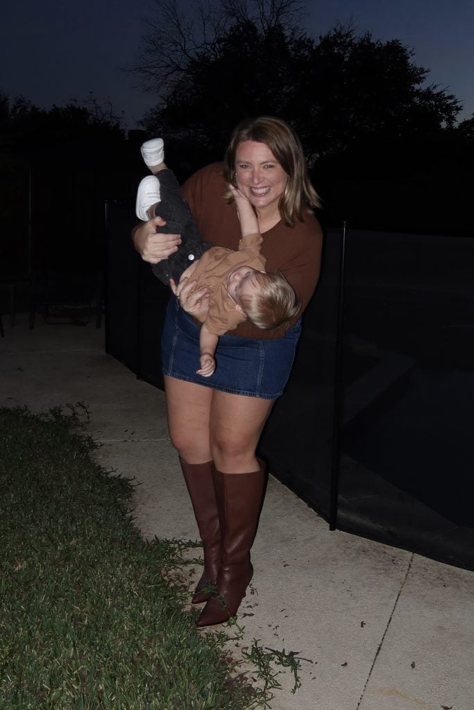 extra wide calf knee high boots and denim mini skirt fall outfit